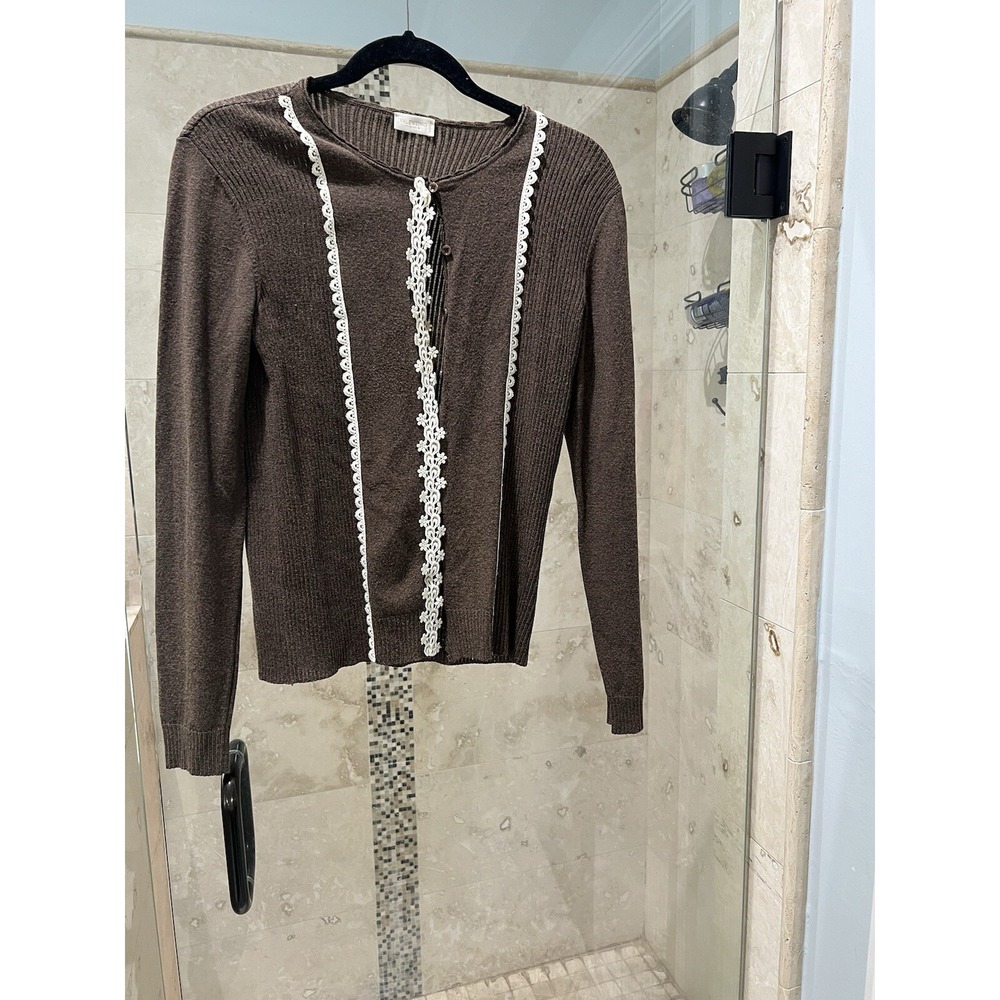 Valentino Cardigan Viscose Brown Eyelet Lace Trim Ribbed Knit Womens Medium